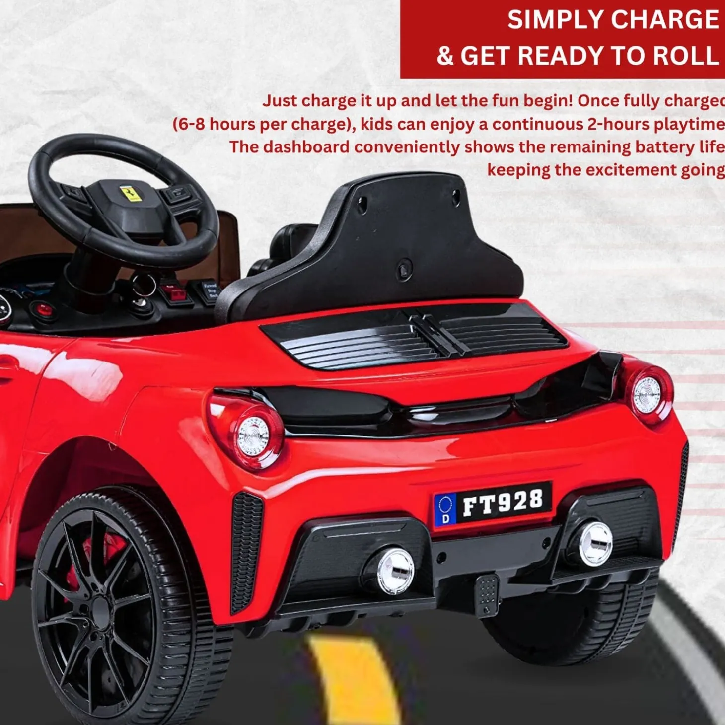 Baby Moo Ferrari F8 12V Battery Operated Ride On Car for Kids | Electric Car with Remote Control | Rechargeable Battery-Powered Toy with LED Lights, Music & USB Port | Age 2-8 - Red