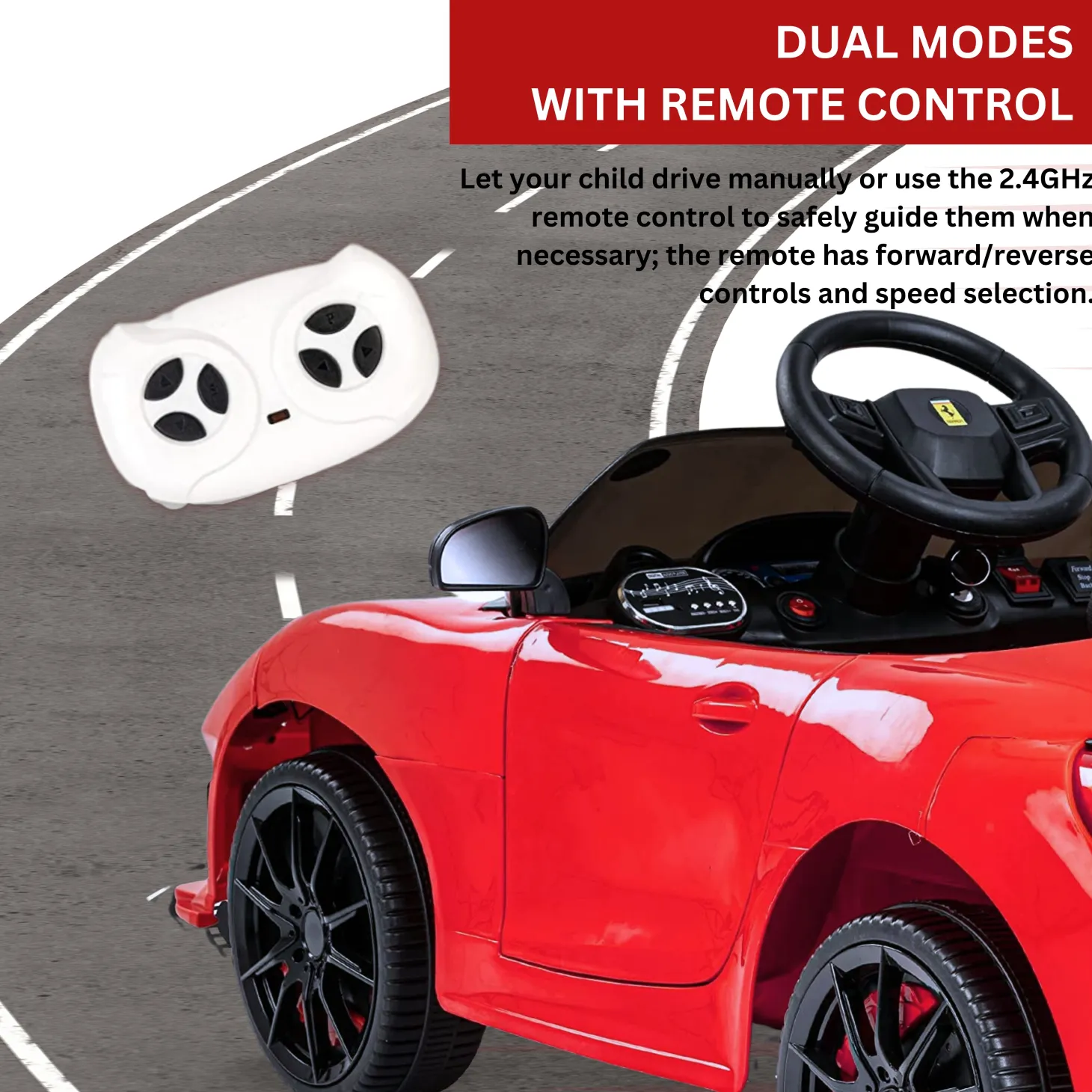 Baby Moo Ferrari F8 12V Battery Operated Ride On Car for Kids | Electric Car with Remote Control | Rechargeable Battery-Powered Toy with LED Lights, Music & USB Port | Age 2-8 - Red