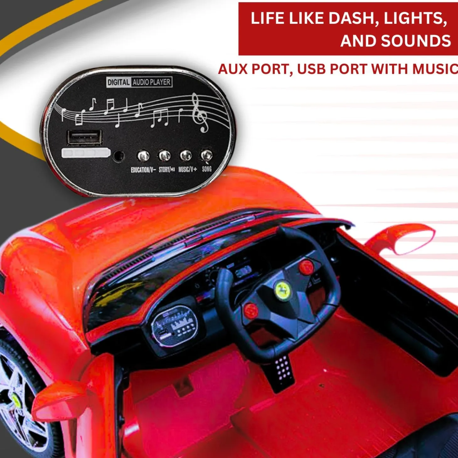 Baby Moo Ferrari F8 12V Battery Operated Ride On Car for Kids | Electric Car with Remote Control | Rechargeable Battery-Powered Toy with LED Lights, Music & USB Port | Age 2-8 - Red
