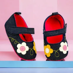 Baby Moo Floral Applique Anti-Skid Ballerina Booties - Navy Blue