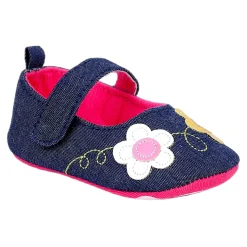 Baby Moo Floral Applique Anti-Skid Ballerina Booties - Navy Blue