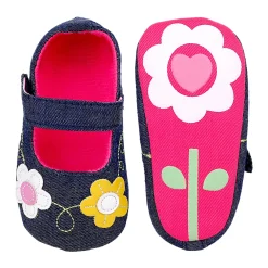 Baby Moo Floral Applique Anti-Skid Ballerina Booties - Navy Blue
