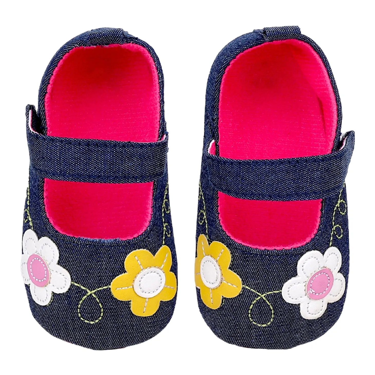 Baby Moo Floral Applique Anti-Skid Ballerina Booties - Navy Blue