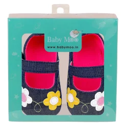 Baby Moo Floral Applique Anti-Skid Ballerina Booties - Navy Blue