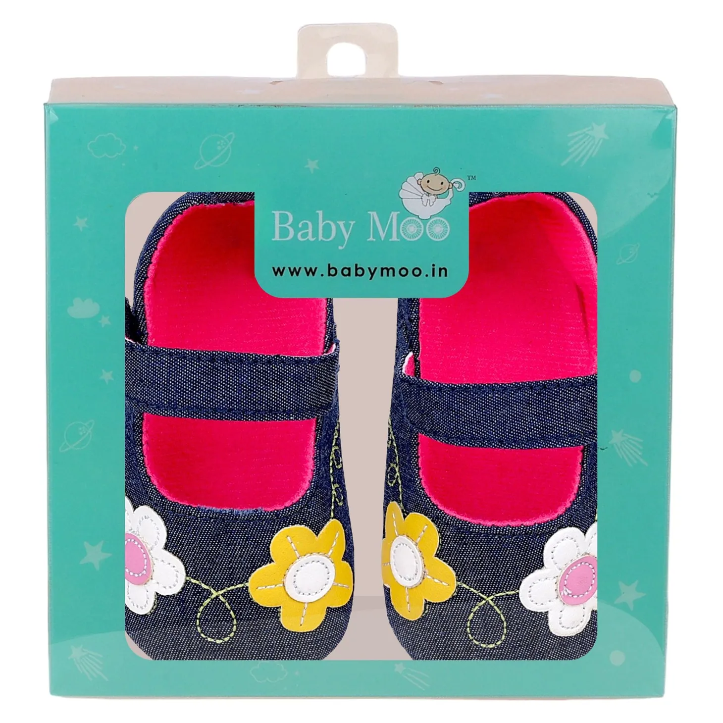Baby Moo Floral Applique Anti-Skid Ballerina Booties - Navy Blue