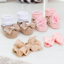 Baby Moo Floral Bow Infant Girl 4-Piece Gift Hairband And Socks Set - Beige