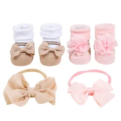 Baby Moo Floral Bow Infant Girl 4-Piece Gift Hairband And Socks Set - Beige