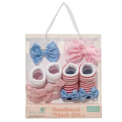 Baby Moo Floral Bow Infant Girl 4-Piece Gift Hairband And Socks Set - Pink