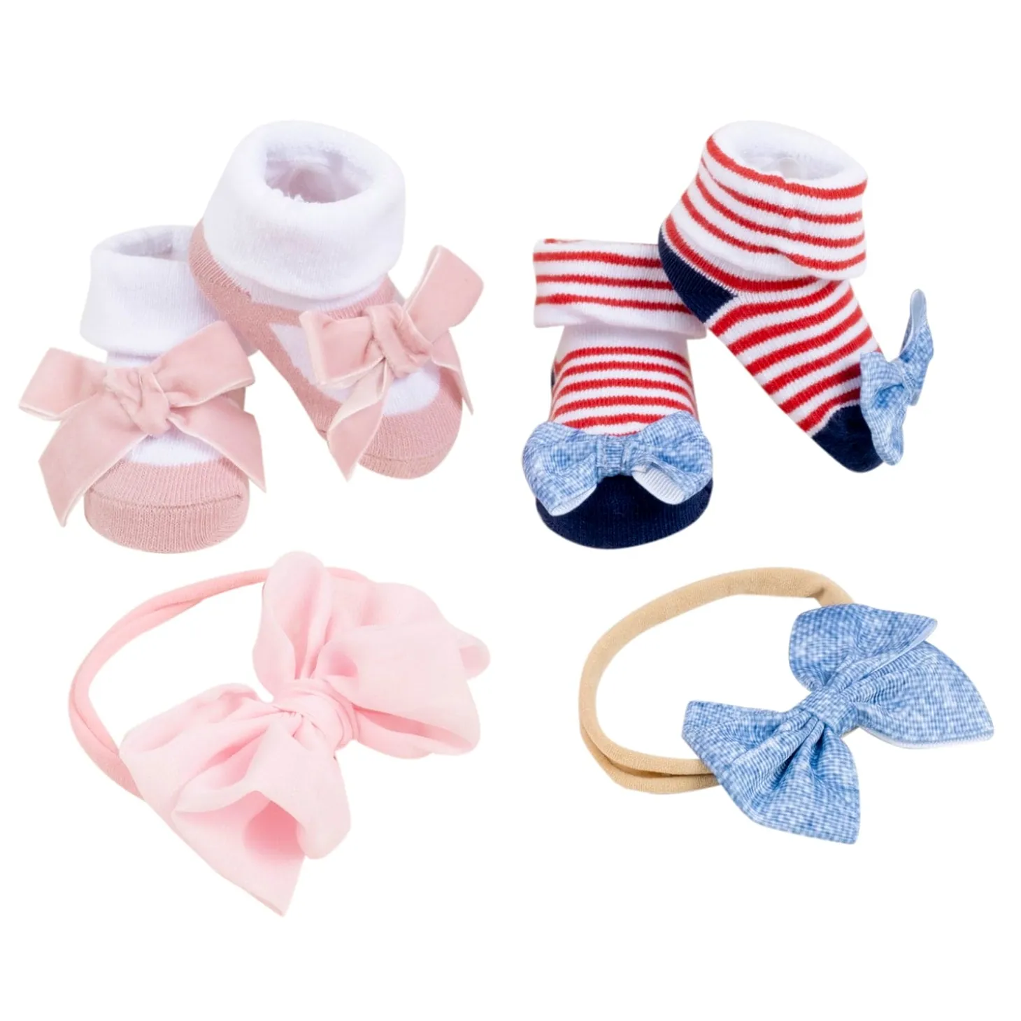 Baby Moo Floral Bow Infant Girl 4-Piece Gift Hairband And Socks Set - Pink