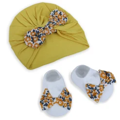 Baby Moo Floral Bow Matching Cap And Socks Set - Yellow