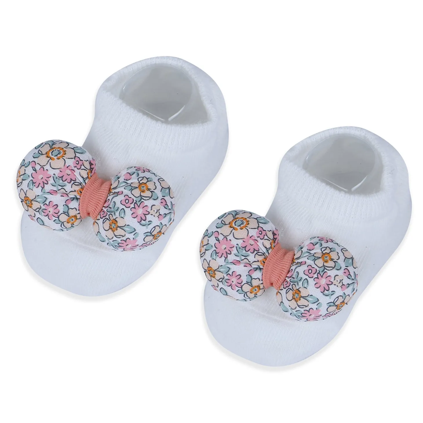 Baby Moo Floral Bow Matching Cap And Socks Set - Peach