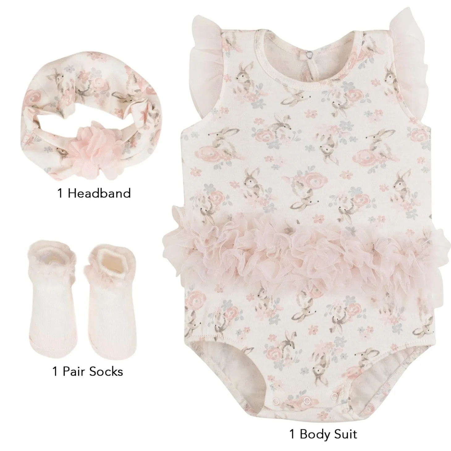 Baby Moo Floral Gift Set 3 Piece With Bodysuit, Socks And Headband - Peach