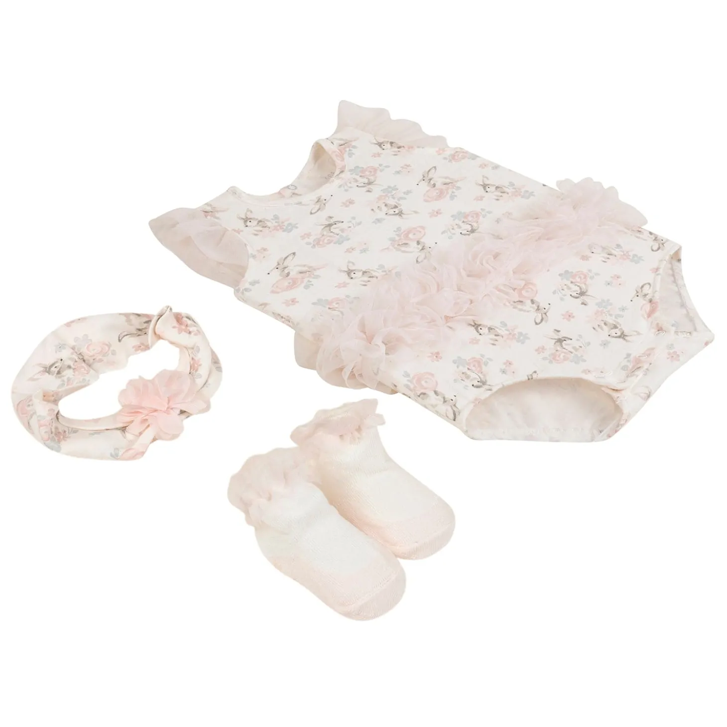 Baby Moo Floral Gift Set 3 Piece With Bodysuit, Socks And Headband - Peach