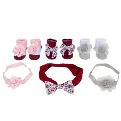 Baby Moo Floral Infant Girl 6-Piece Gift Hairband And Socks Set - Maroon
