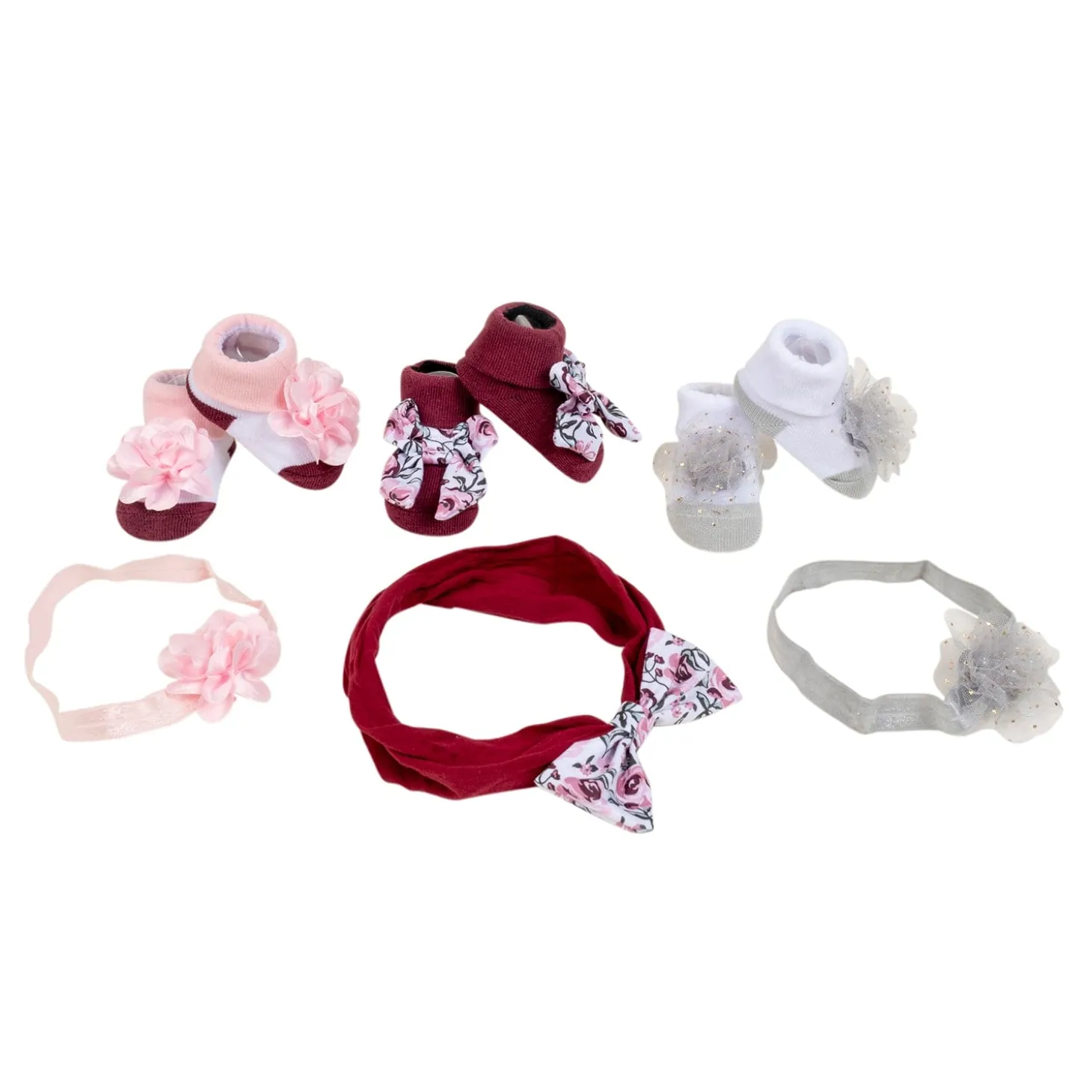 Baby Moo Floral Infant Girl 6-Piece Gift Hairband And Socks Set - Maroon