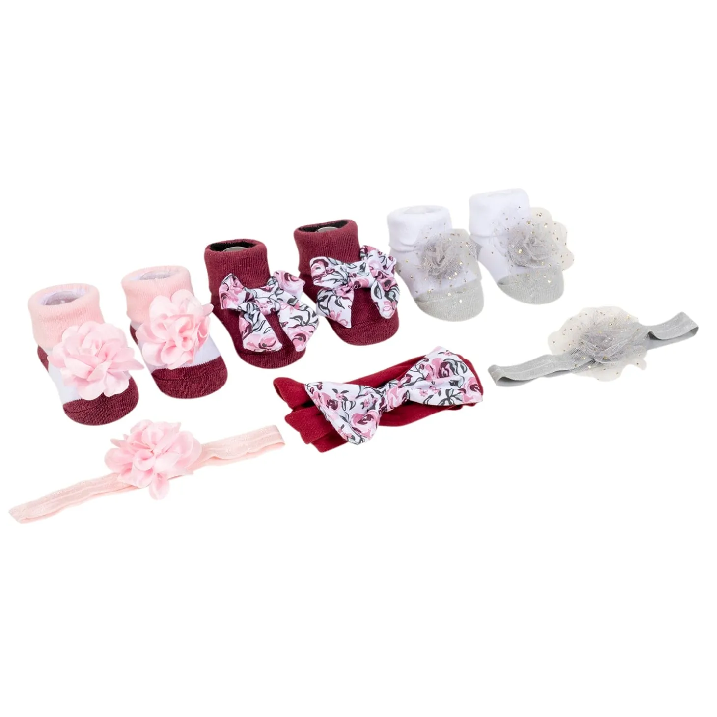 Baby Moo Floral Infant Girl 6-Piece Gift Hairband And Socks Set - Maroon