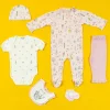 Baby Moo Floral Kitty Gift Set 6 Piece With Bodysuits, Pyjama, Cap, Bib And Socks - Pink