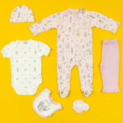 Baby Moo Floral Kitty Gift Set 6 Piece With Bodysuits, Pyjama, Cap, Bib And Socks - Pink