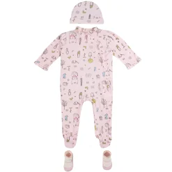 Baby Moo Floral Kitty Gift Set 6 Piece With Bodysuits, Pyjama, Cap, Bib And Socks - Pink