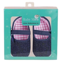 Baby Moo Floral Lace Velcro Strap Anti-Skid Ballerina Booties - Blue