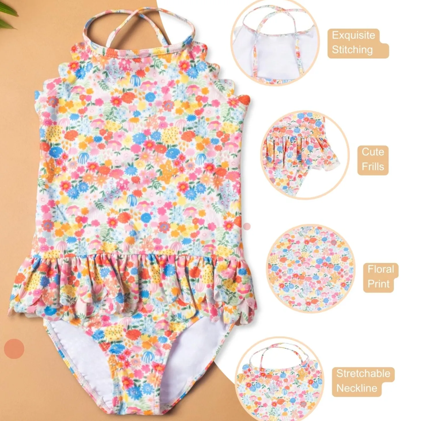Baby Moo Floral Print Beach One-Piece Swimsuit Pool Swimming Costume - Pink