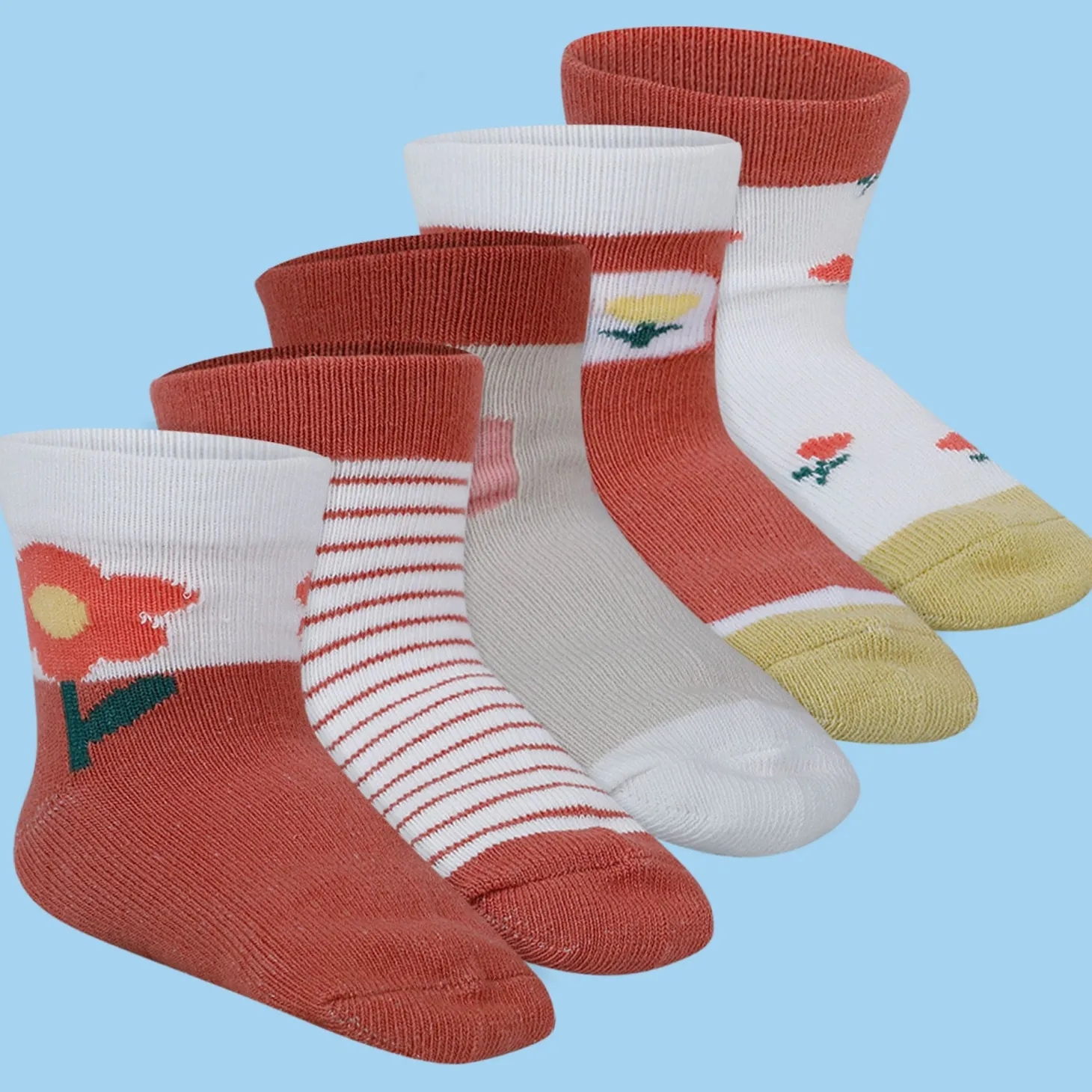 Baby Moo Floral Soft Socks Pack of 5 - Peach, White
