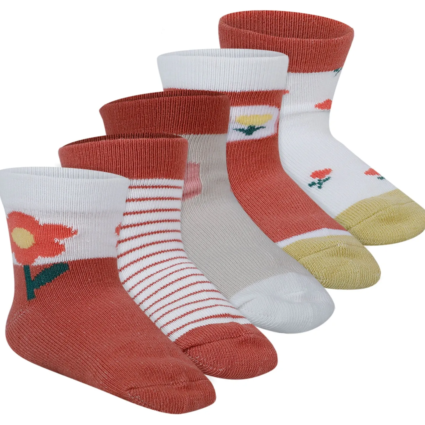 Baby Moo Floral Soft Socks Pack of 5 - Peach, White