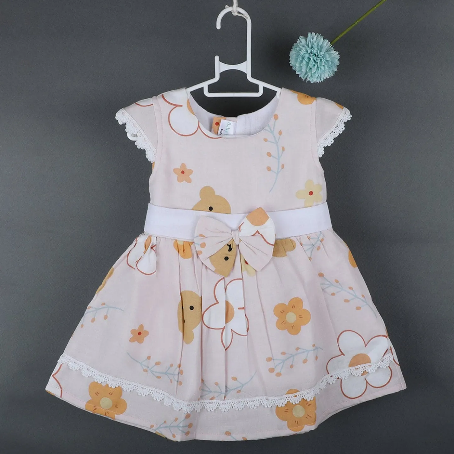 Baby Moo Floral Teddy Bow With Short Sleeves Muslin Dress - Peach