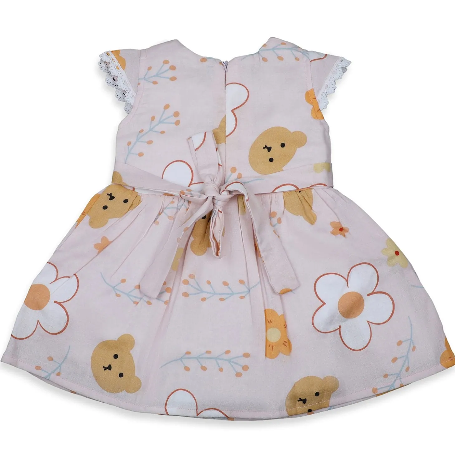 Baby Moo Floral Teddy Bow With Short Sleeves Muslin Dress - Peach