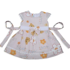 Baby Moo Floral Teddy Bow With Short Sleeves Muslin Dress - Peach