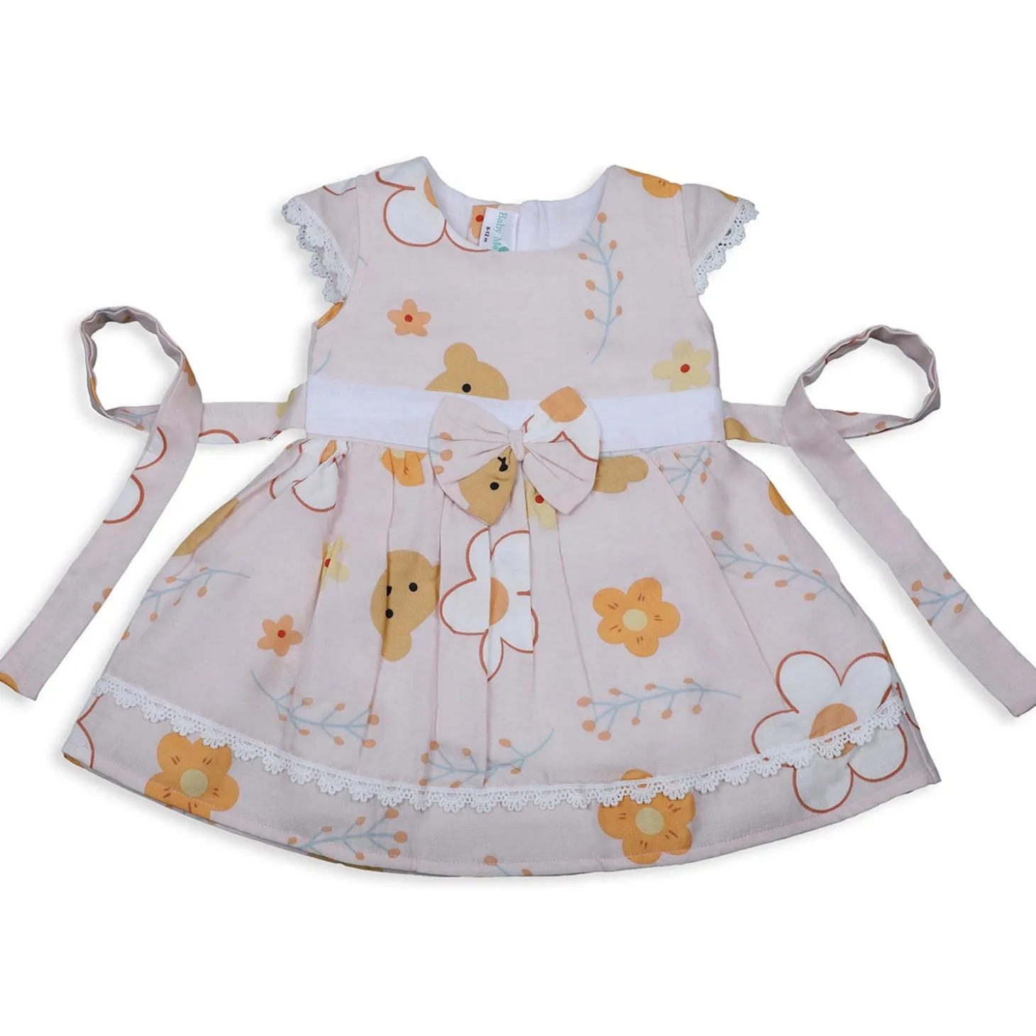 Baby Moo Floral Teddy Bow With Short Sleeves Muslin Dress - Peach