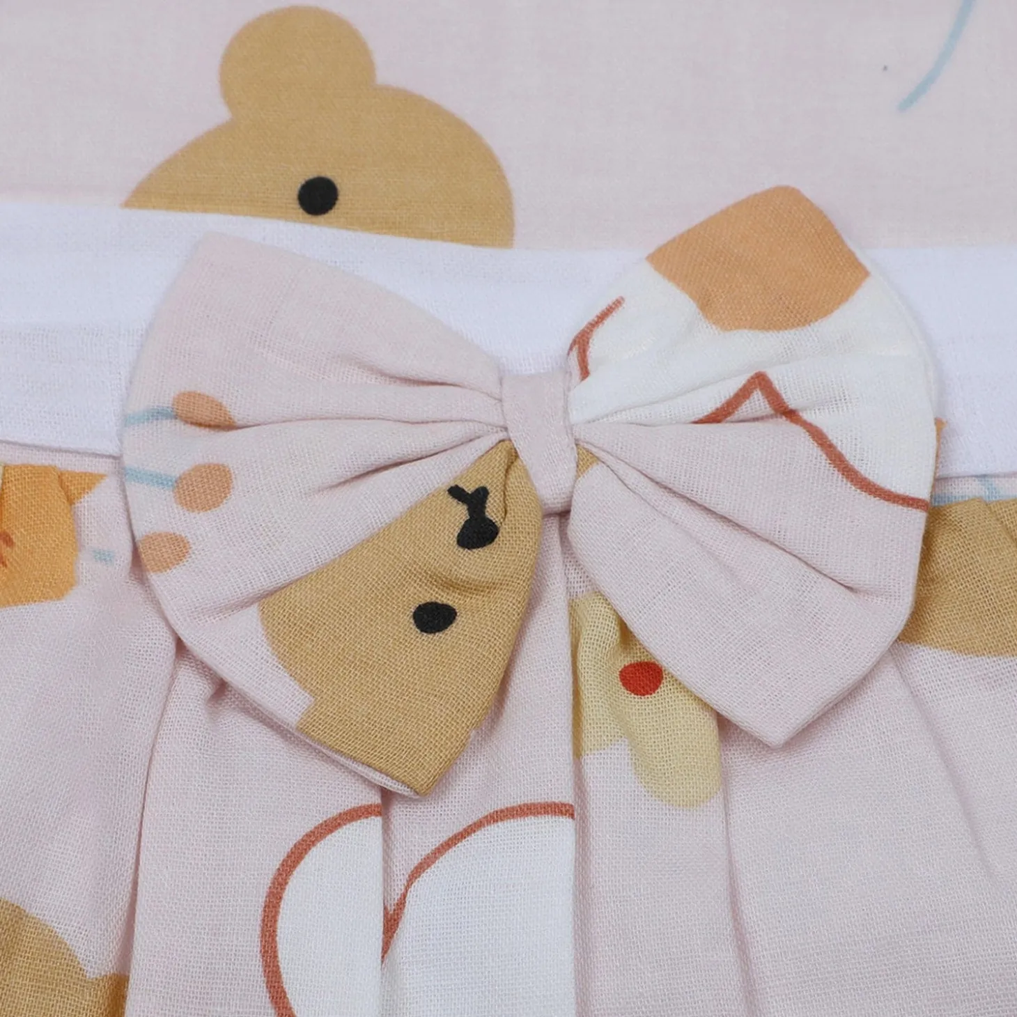 Baby Moo Floral Teddy Bow With Short Sleeves Muslin Dress - Peach