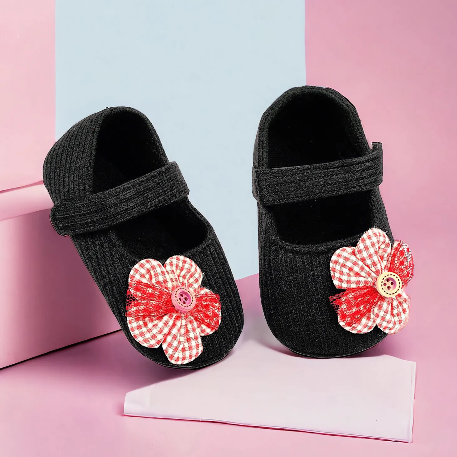 Baby Moo Flower Button Velcro Strap Ribbed Anti-Skid Ballerina Booties - Black, Red