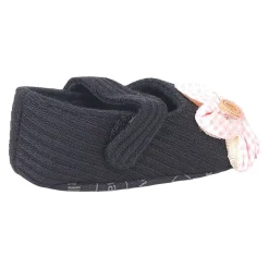 Baby Moo Flower Button Velcro Strap Ribbed Anti-Skid Ballerina Booties - Black, Peach