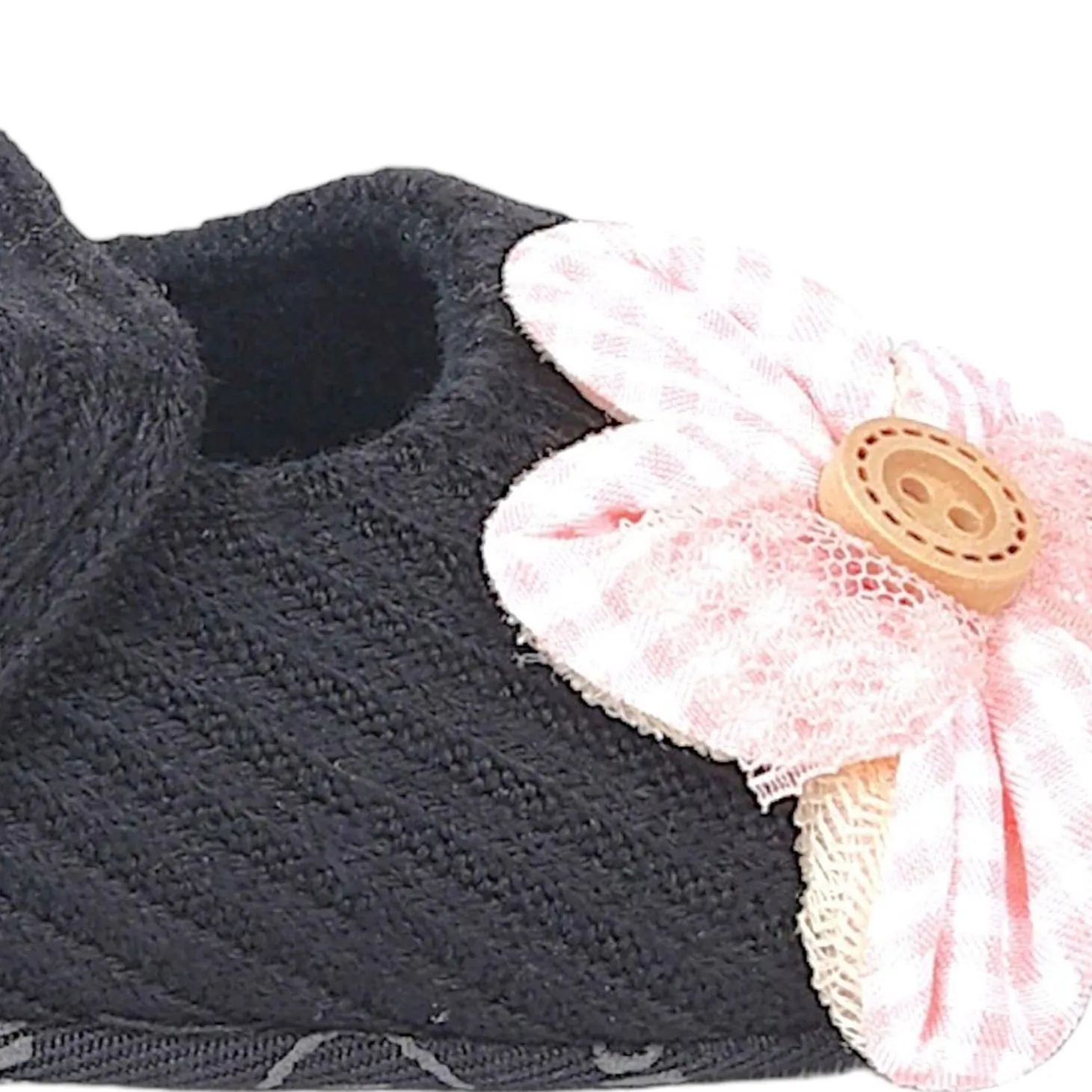 Baby Moo Flower Button Velcro Strap Ribbed Anti-Skid Ballerina Booties - Black, Peach