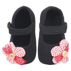 Baby Moo Flower Button Velcro Strap Ribbed Anti-Skid Ballerina Booties - Black, Red