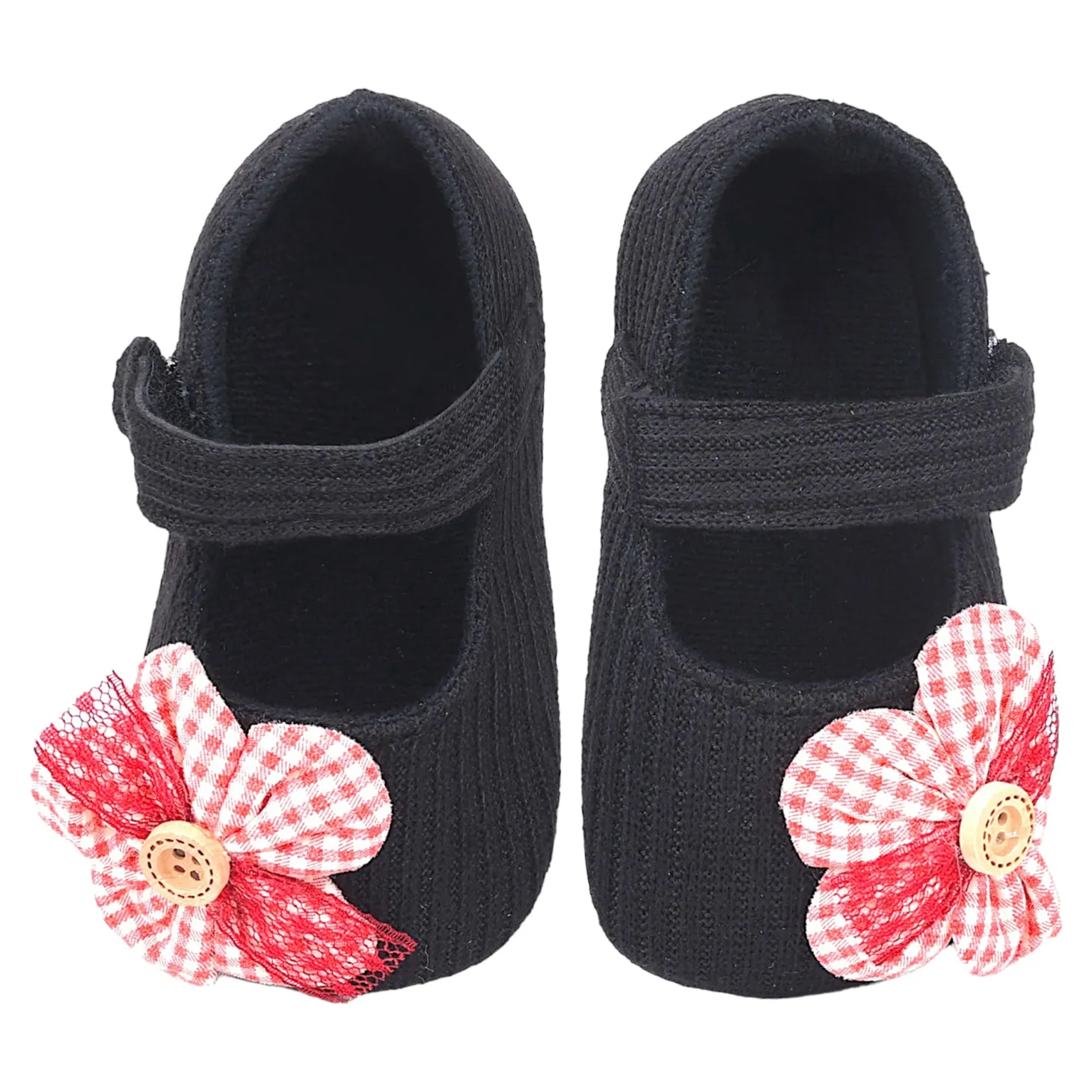 Baby Moo Flower Button Velcro Strap Ribbed Anti-Skid Ballerina Booties - Black, Red