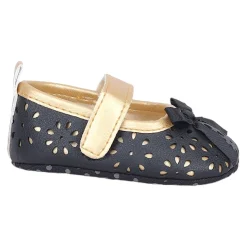 Baby Moo Flower Cut-Out Bow Velcro Strap Anti-Skid Ballerina Booties - Black