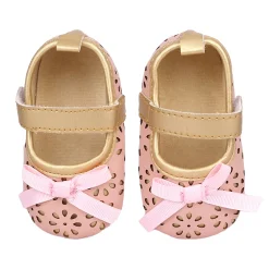 Baby Moo Flower Cut-Out Bow Velcro Strap Anti-Skid Ballerina Booties - Pink