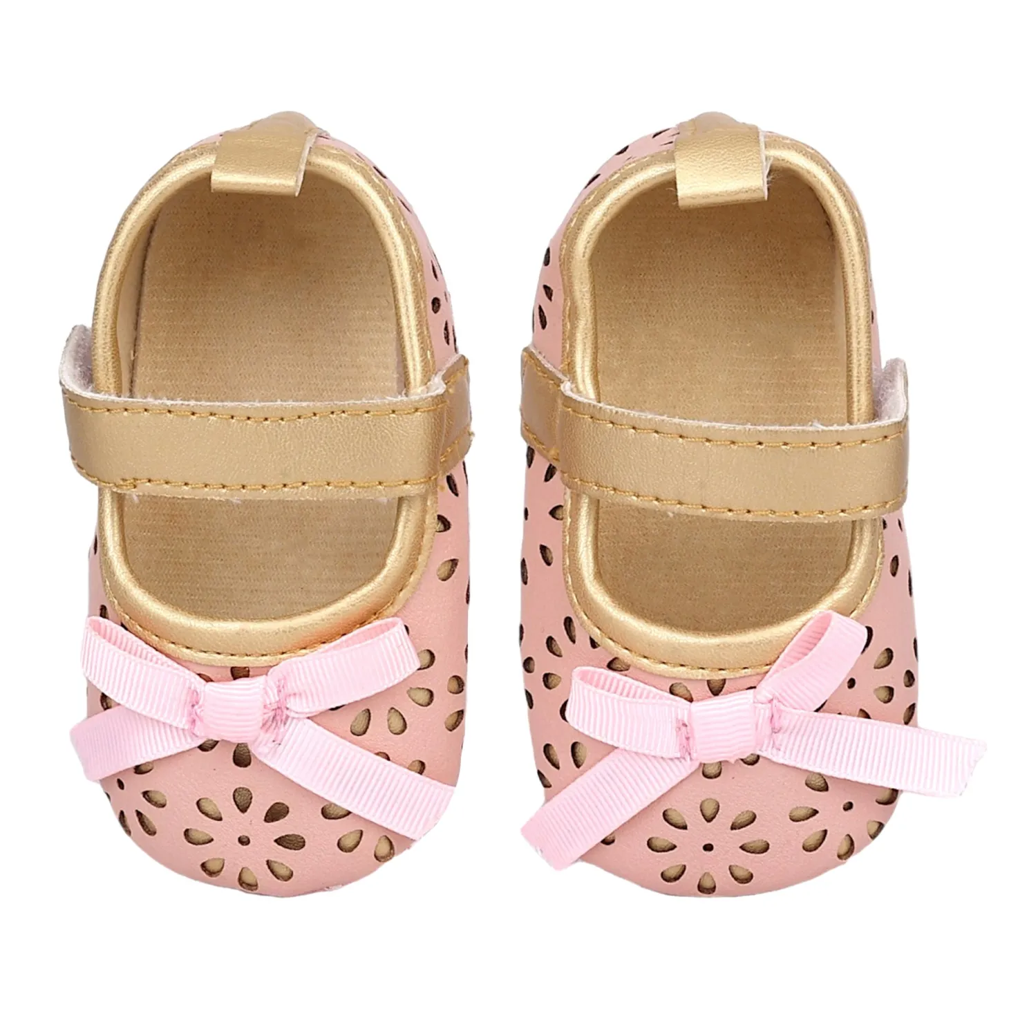 Baby Moo Flower Cut-Out Bow Velcro Strap Anti-Skid Ballerina Booties - Pink