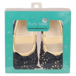 Baby Moo Flower Cut-Out Bow Velcro Strap Anti-Skid Ballerina Booties - Black