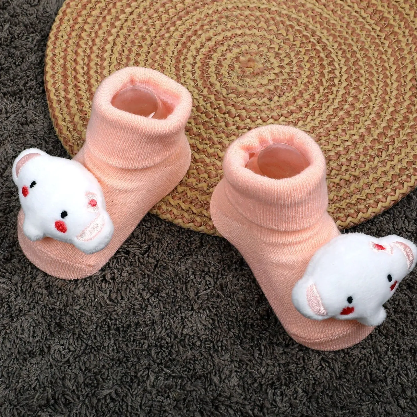 Baby Moo Fluffy Elephant Cotton Anti-Skid 3D Socks - Peach