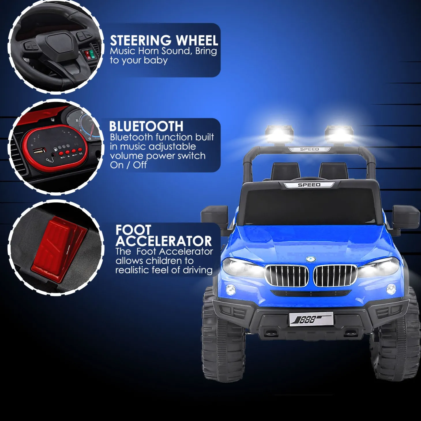Baby Moo Ford 4X4 Battery Operated Electric Ride On Jeep Rechargeable 12V Battery With Remote Control LED Lights, Music & USB Port - Blue