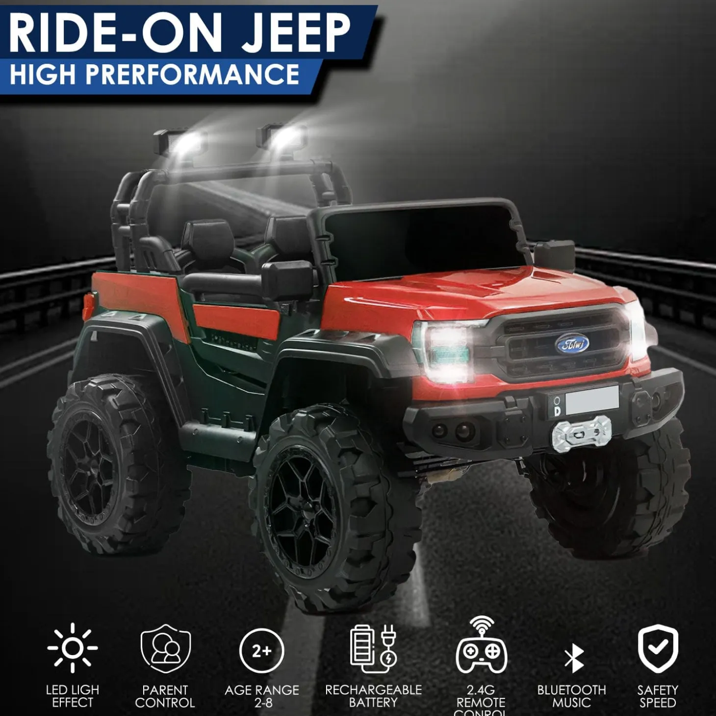 Baby Moo Ford 4X4 Battery Operated Electric Ride On Jeep Rechargeable 12V Battery With Remote Control LED Lights, Music & USB Port - Red