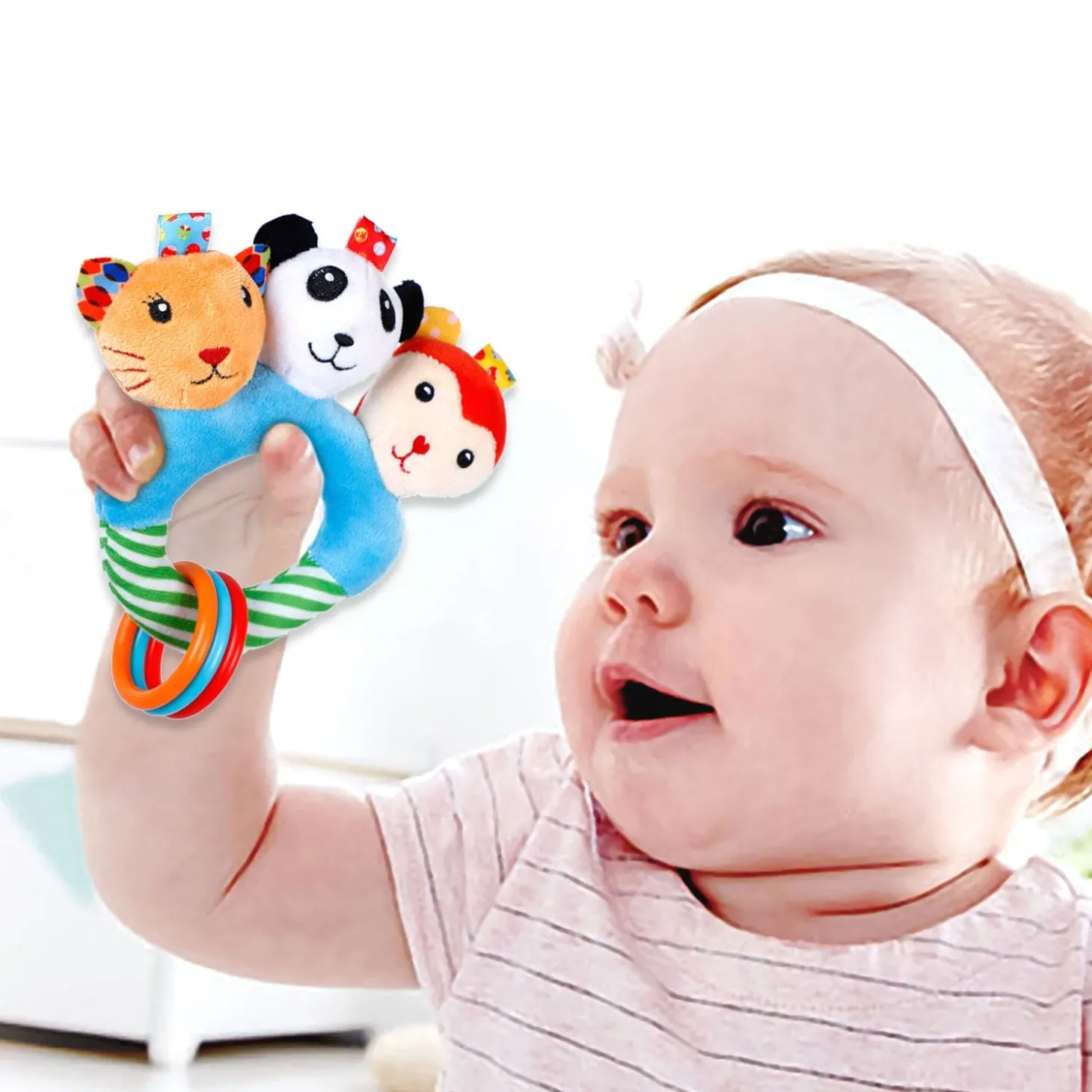 Baby Moo Forest Animals Squeaker Teething Ring Handheld Rattle - Blue