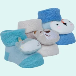Baby Moo Fox Frog Bear 3D Rattle Anti-Skid Socks Booties Pack of 3 - Blue