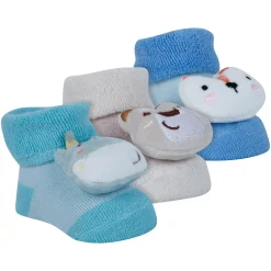 Baby Moo Fox Frog Bear 3D Rattle Anti-Skid Socks Booties Pack of 3 - Blue