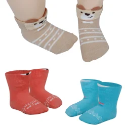 Baby Moo Fox Puppy 3D Anti-Skid Socks Booties Pack of 3 - Red, Blue