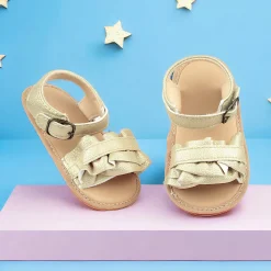 Baby Moo Frill Patterned Vegan Leather Buckle Strap Anti-Skid Sandals - Gold