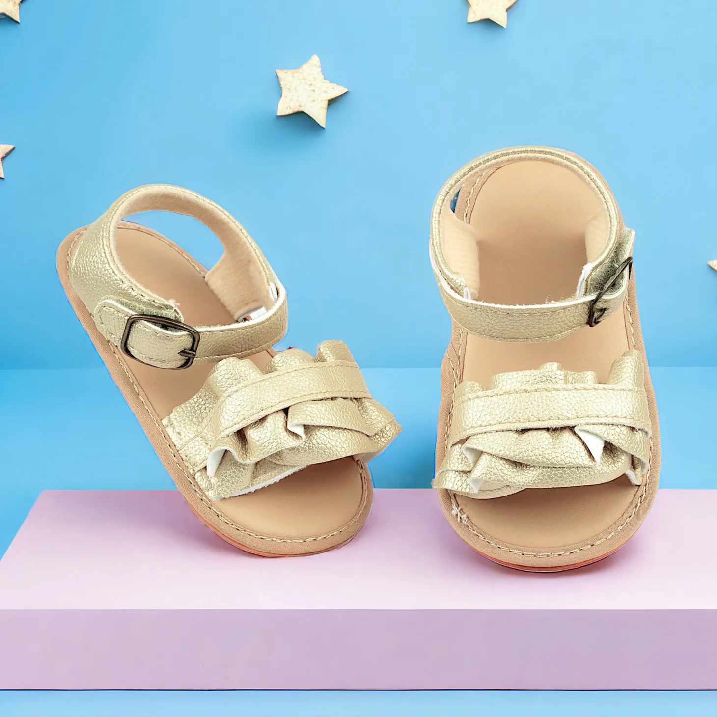 Baby Moo Frill Patterned Vegan Leather Buckle Strap Anti-Skid Sandals - Gold